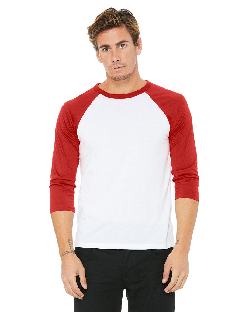 Bella + Canvas-3200-3/4 Sleeve Baseball T Shirt-WHITE/ RED