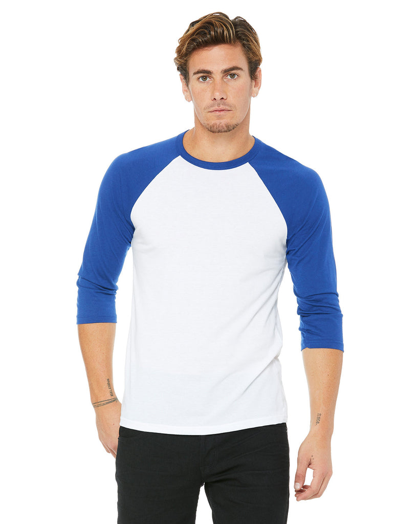 Bella + Canvas-3200-3/4 Sleeve Baseball T Shirt-WHITE/ TR ROYAL