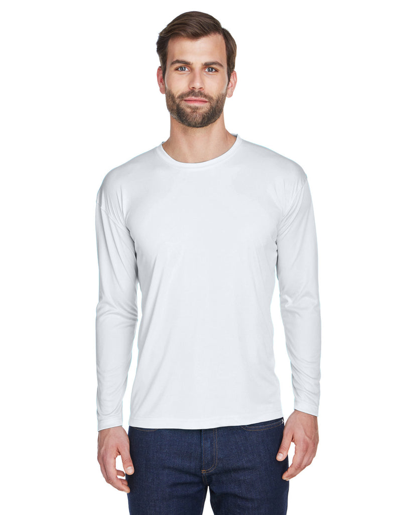UltraClub-8422-Cool & Dry Sport Long Sleeve Performance Interlock T Shirt-WHITE
