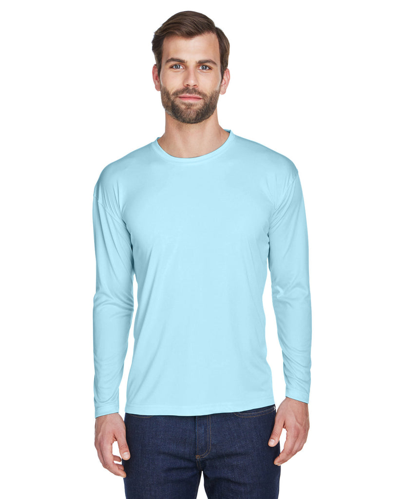 UltraClub-8422-Cool & Dry Sport Long Sleeve Performance Interlock T Shirt-ICE BLUE