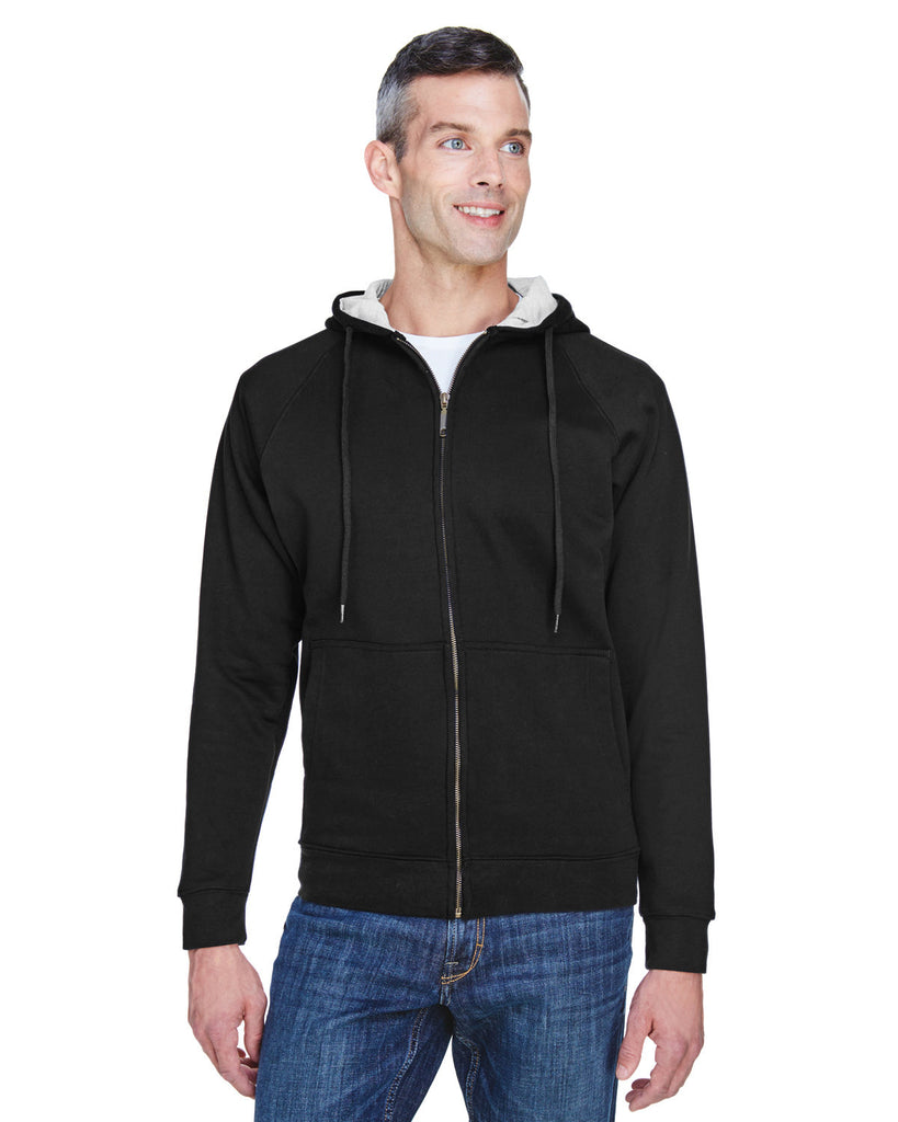 UltraClub-8463-Rugged Wear Thermal Lined Full Zip Fleece Hooded Sweatshirt-BLACK/ HTHR GREY
