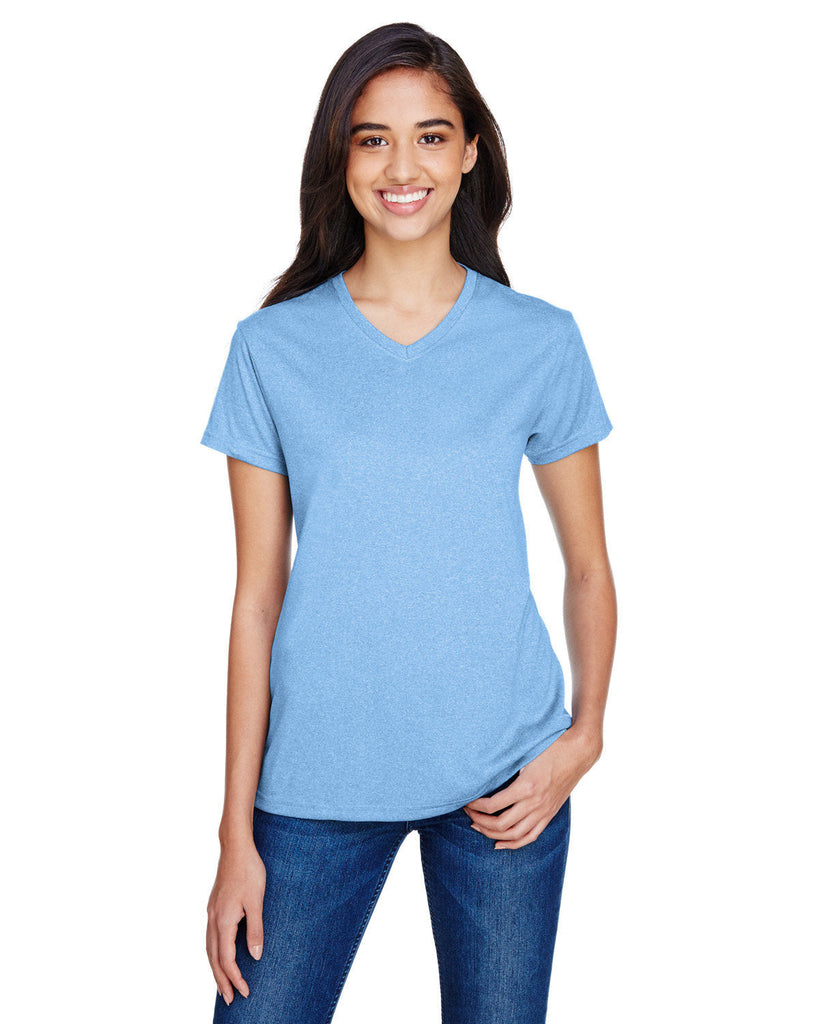 A4-NW3381-Ladies Topflight Heather V-Neck T-Shirt-LIGHT BLUE