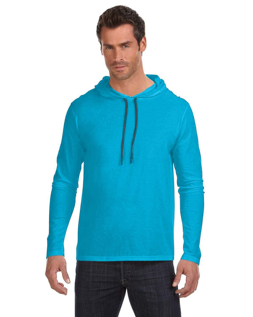 Anvil-987AN-Adult Lightweight Long-Sleeve Hooded T-Shirt-CARIB BLUE/ D GR