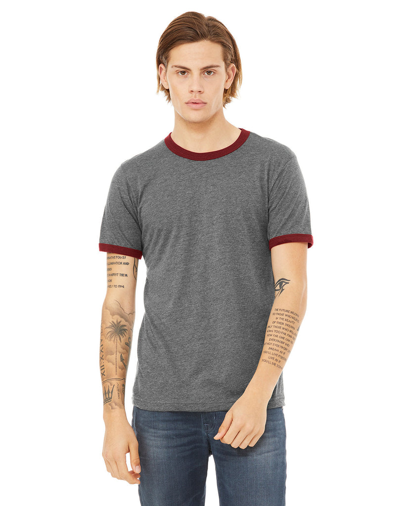 Bella + Canvas-3055C-Mens Jersey Short-Sleeve Ringer T-Shirt-DP HTHR/ CARDNAL