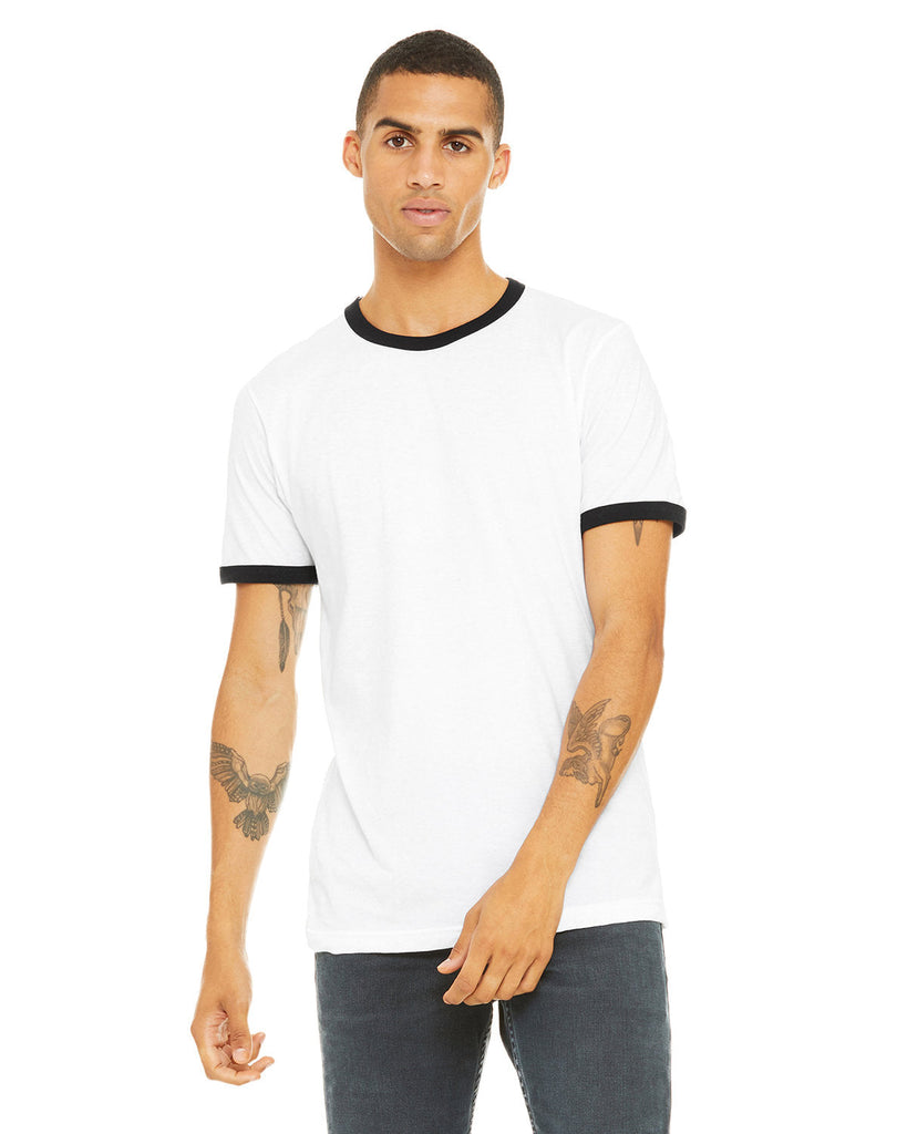 Bella + Canvas-3055C-Mens Jersey Short-Sleeve Ringer T-Shirt-WHITE/ BLACK