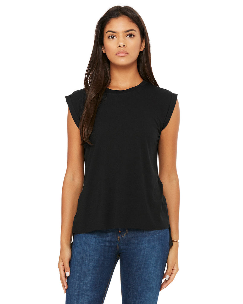 Bella + Canvas-8804-Ladies Flowy Muscle T-Shirt with Rolled Cuff-BLACK
