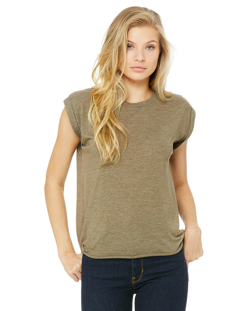 Bella + Canvas-8804-Ladies Flowy Muscle T-Shirt with Rolled Cuff-HEATHER OLIVE
