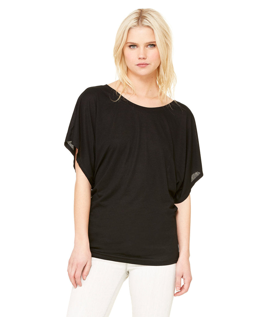 Bella + Canvas-8821-Ladies Flowy Draped Sleeve Dolman T-Shirt-BLACK