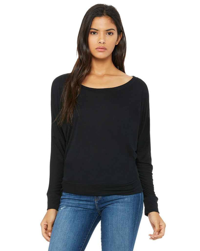 Bella + Canvas-8850-Ladies Flowy Long-Sleeve Off Shoulder T-Shirt-BLACK