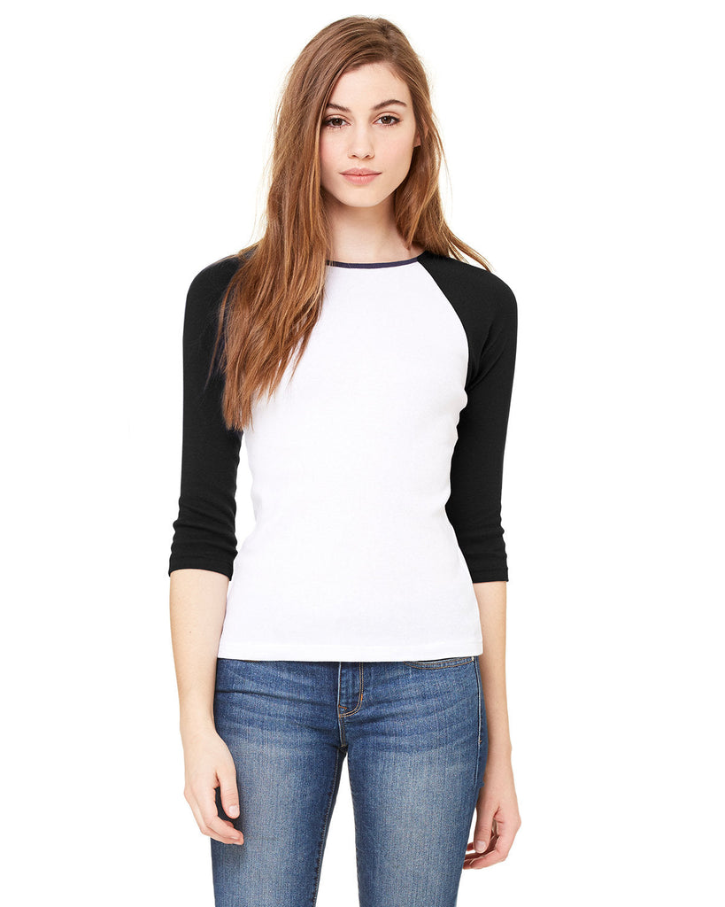 Bella + Canvas-B2000-Ladies Baby Rib 3/4-Sleeve Contrast Raglan T-Shirt-WHITE/ BLACK