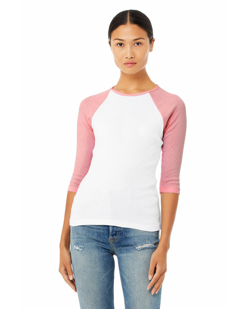 Bella + Canvas-B2000-Ladies Baby Rib 3/4-Sleeve Contrast Raglan T-Shirt-WHITE/ PINK