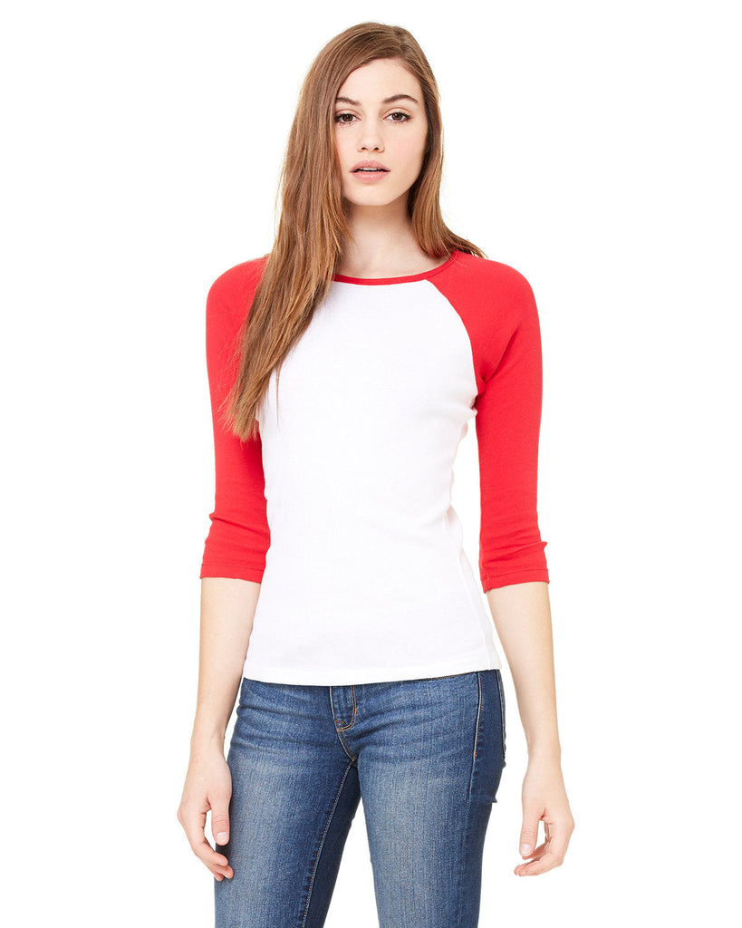 Bella + Canvas-B2000-Ladies Baby Rib 3/4-Sleeve Contrast Raglan T-Shirt-WHITE/ RED