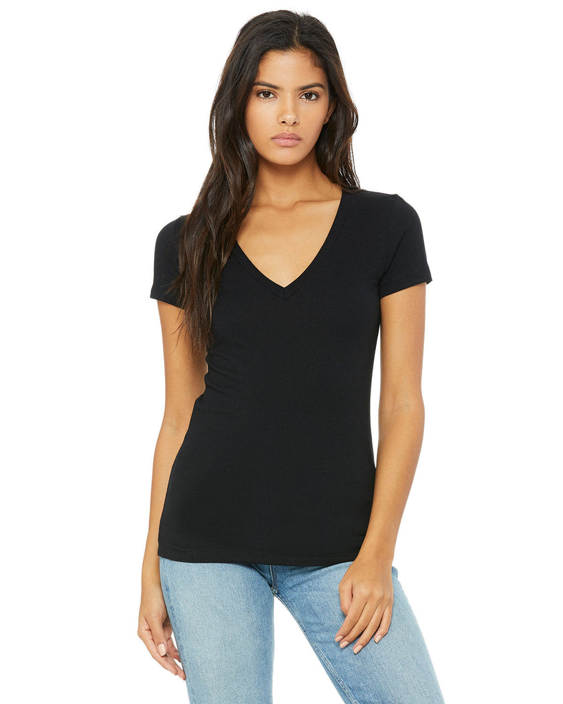 Bella + Canvas-B6035-Ladies Jersey Short-Sleeve Deep V-Neck T-Shirt-BLACK