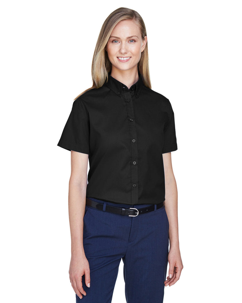 Core 365-78194-Ladies Optimum Short-Sleeve Twill Shirt-BLACK