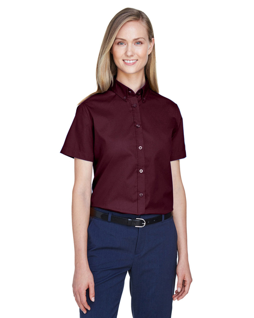 Core 365-78194-Ladies Optimum Short-Sleeve Twill Shirt-BURGUNDY