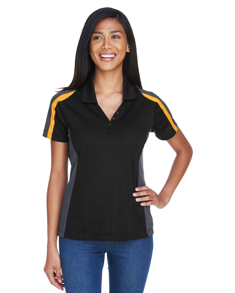 Extreme-75119-Ladies Eperformance Strike Colorblock Snag Protection Polo-BLK/ CMPS GOLD