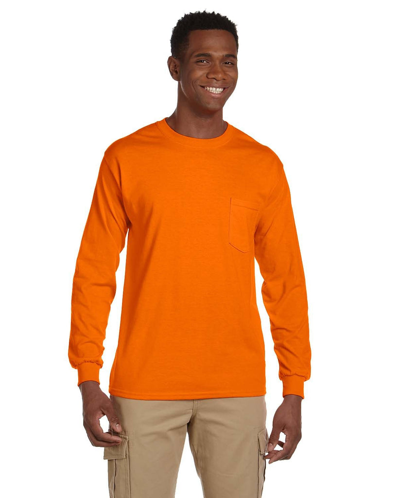 Gildan-G241-Adult Ultra Cotton Long-Sleeve Pocket T-Shirt-S ORANGE