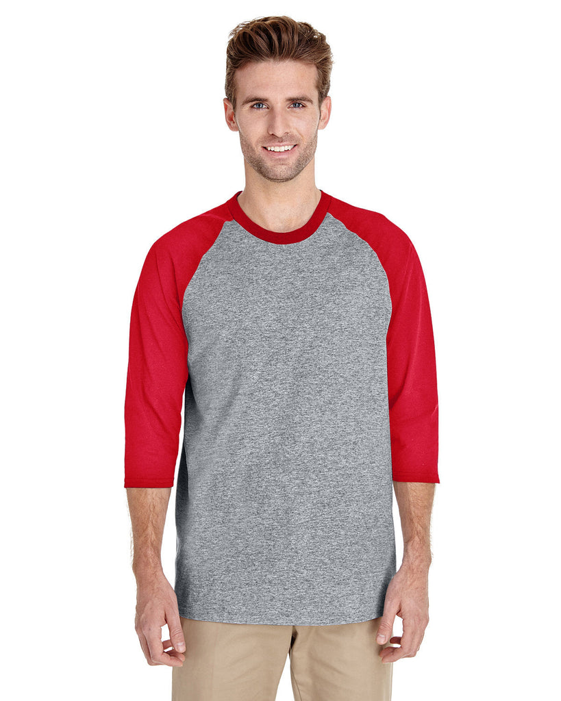 Gildan-G570-Adult Heavy Cotton 3/4-Raglan Sleeve T-Shirt-SPORT GREY/ RED