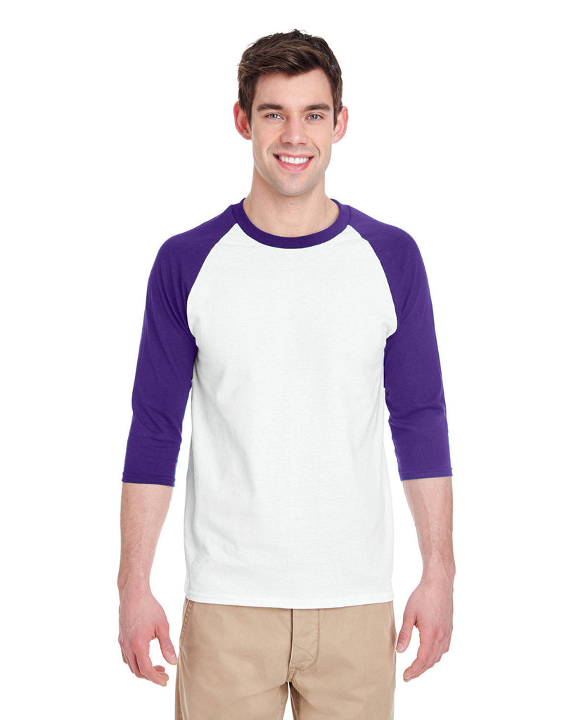 Gildan-G570-Adult Heavy Cotton 3/4-Raglan Sleeve T-Shirt-WHITE/ PURPLE