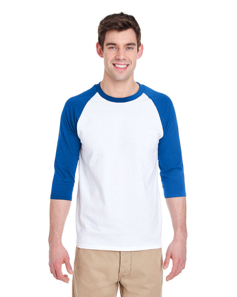 Gildan-G570-Adult Heavy Cotton 3/4-Raglan Sleeve T-Shirt-WHITE/ ROYAL