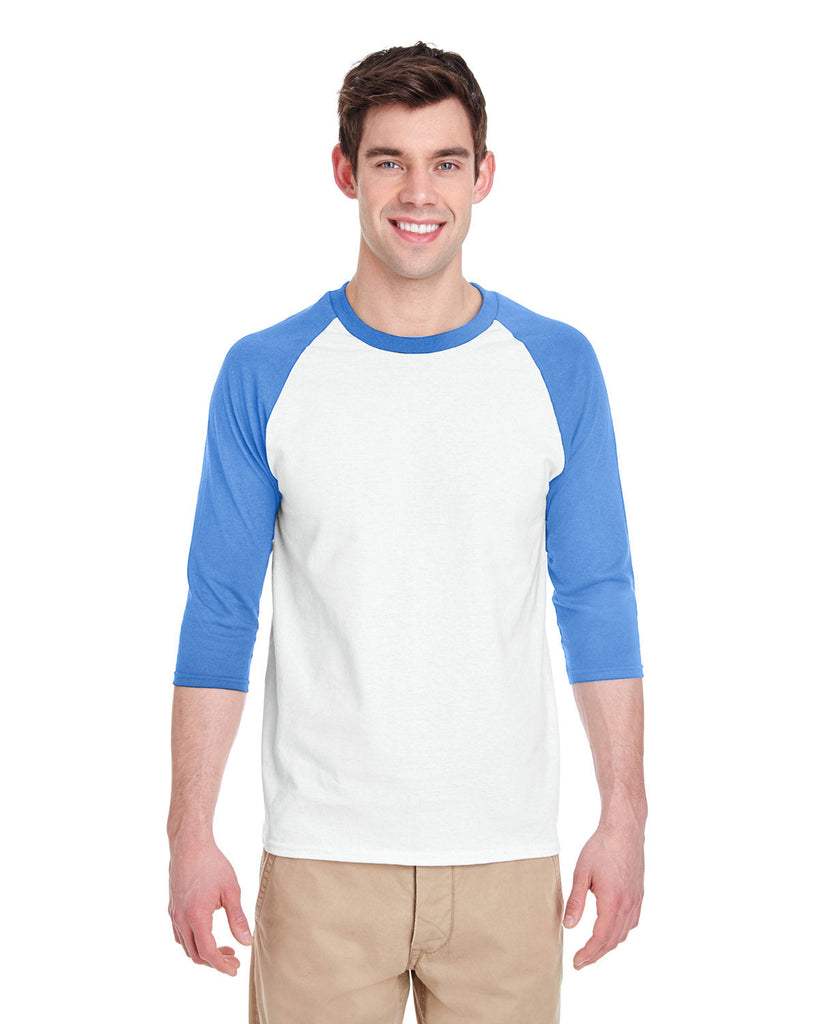 Gildan-G570-Adult Heavy Cotton 3/4-Raglan Sleeve T-Shirt-WHT/ CAROLNA BLU