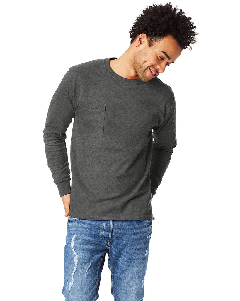 Hanes-5596-Mens Authentic-T Long-Sleeve Pocket T-Shirt-CHARCOAL HEATHER