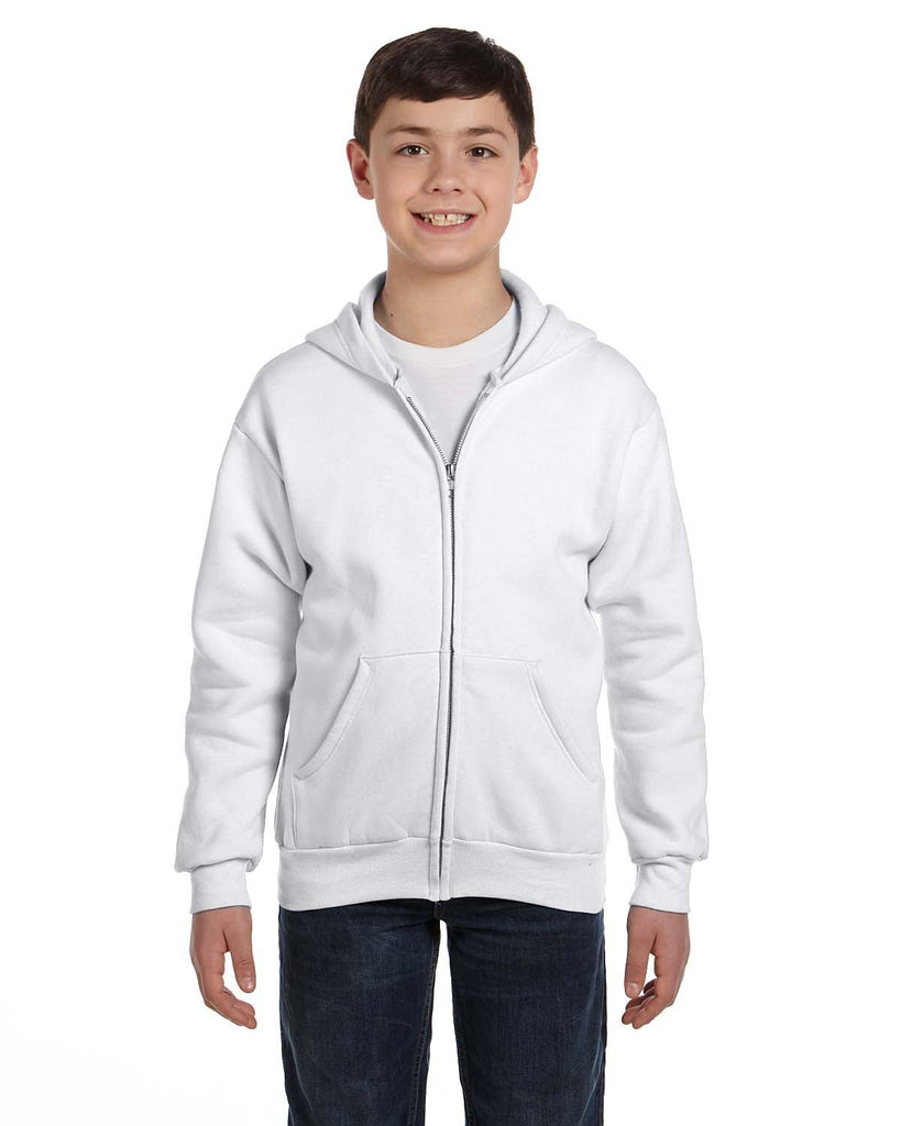 Hanes-P480-Youth 7.8 oz. EcoSmart 50/50 Full-Zip Hooded Sweatshirt-WHITE