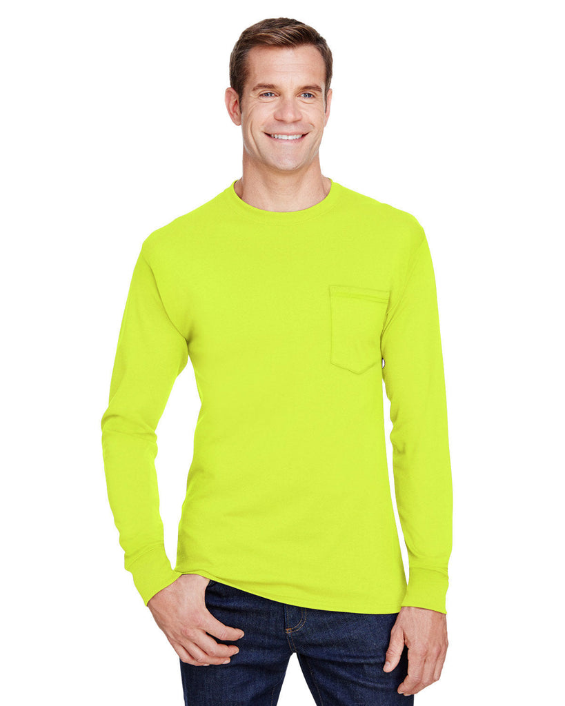 Hanes-W120-Adult Workwear Long-Sleeve Pocket T-Shirt-SAFETY GREEN