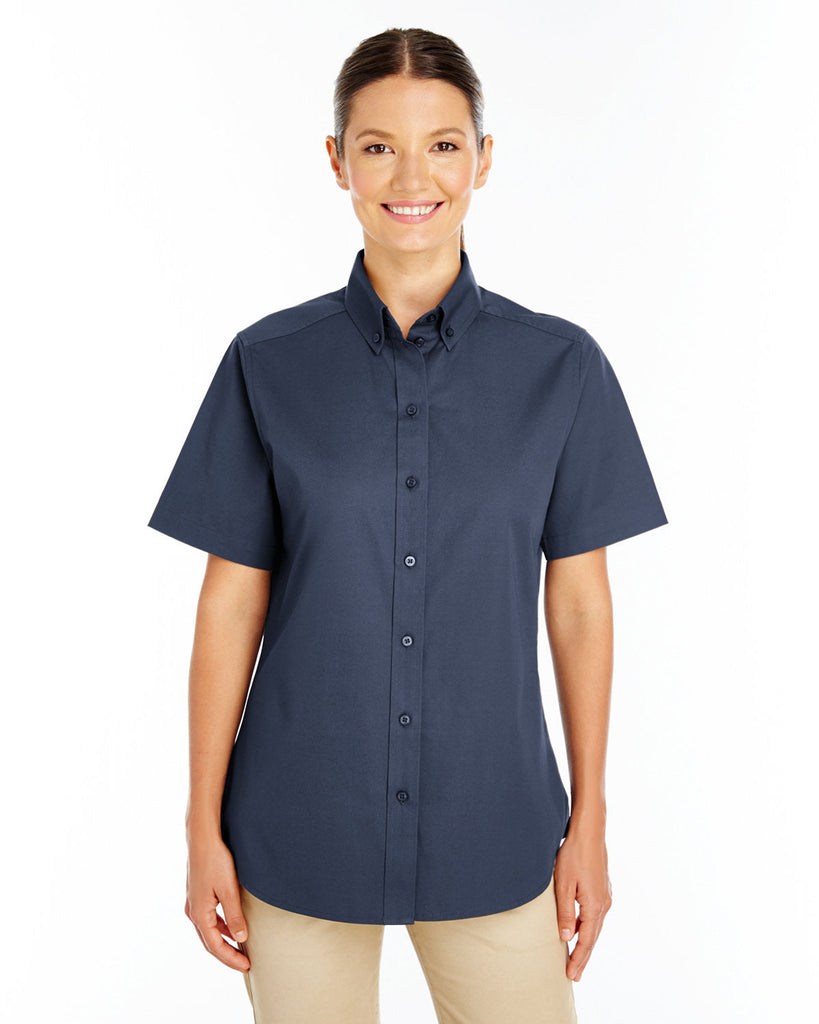 Harriton-M582W-Ladies Foundation 100% Cotton Short-Sleeve Twill Shirt with Teflon-DARK NAVY