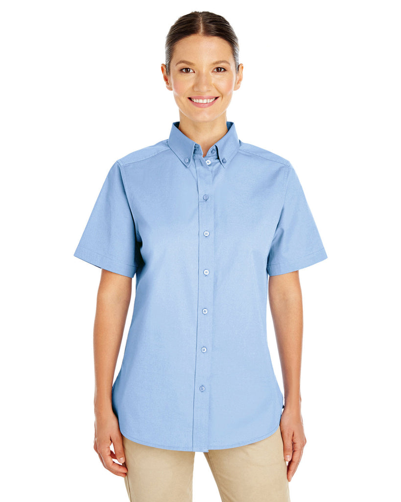 Harriton-M582W-Ladies Foundation 100% Cotton Short-Sleeve Twill Shirt with Teflon-INDUSTRY BLUE