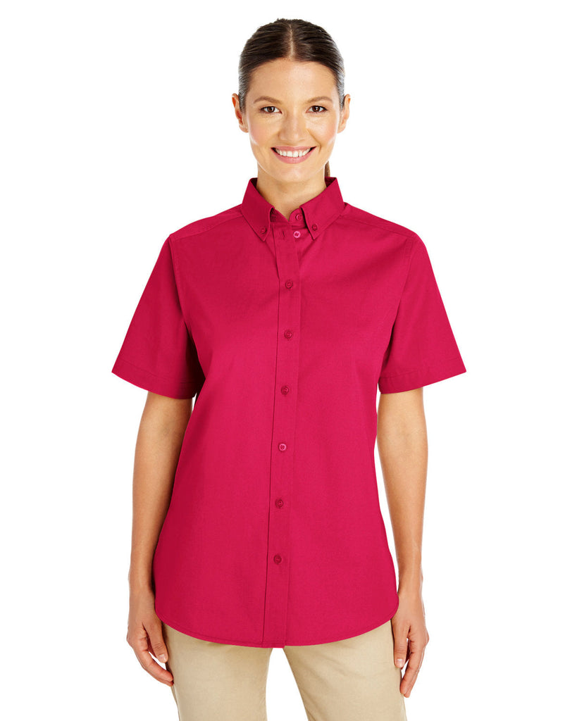 Harriton-M582W-Ladies Foundation 100% Cotton Short-Sleeve Twill Shirt with Teflon-RED