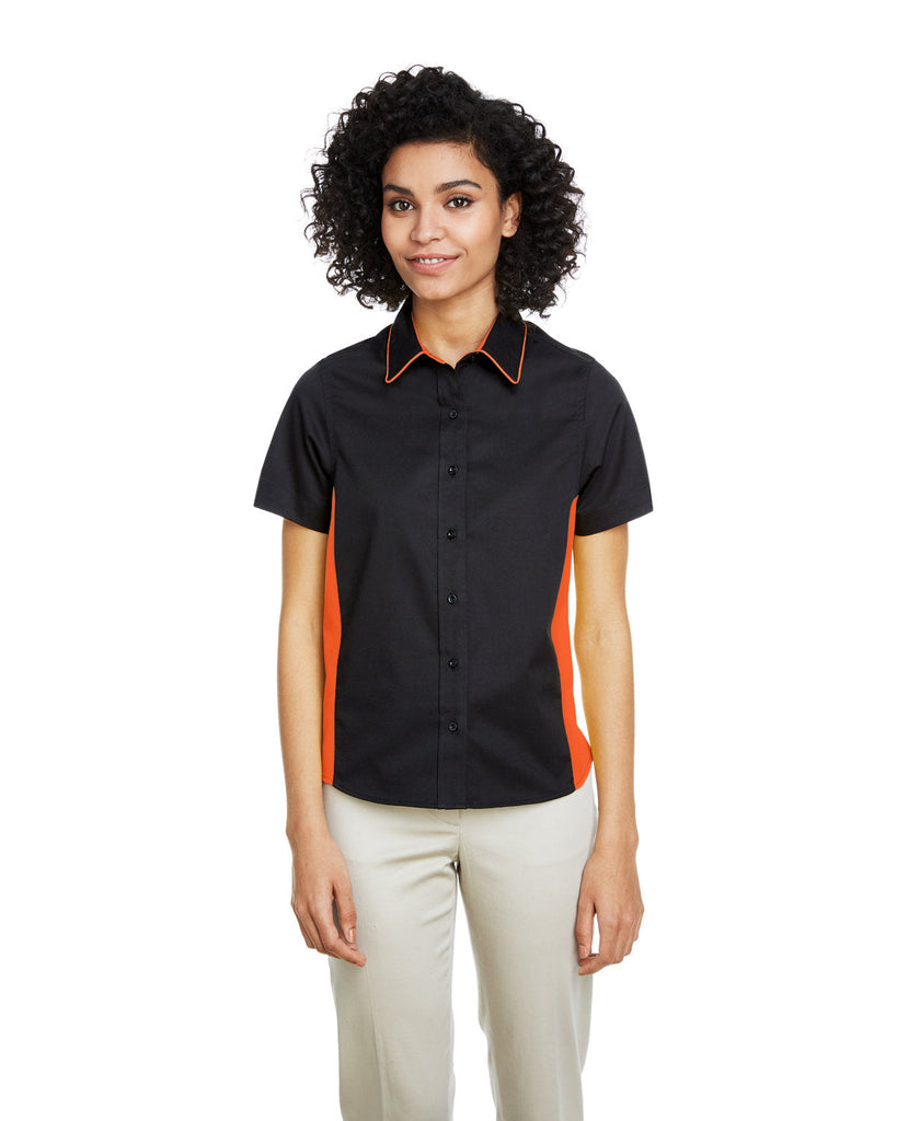 Harriton-M586W-Ladies Flash IL Colorblock Short Sleeve Shirt-BLACK/ TM ORANGE