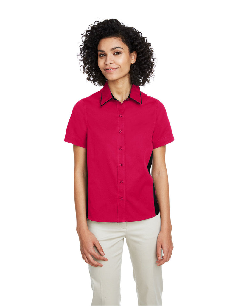 Harriton-M586W-Ladies Flash IL Colorblock Short Sleeve Shirt-RED/ BLACK