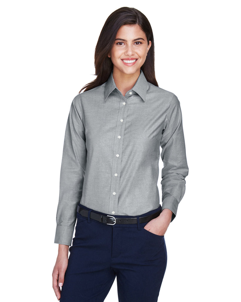 Harriton-M600W-Ladies Long-Sleeve Oxford with Stain-Release-OXFORD GREY
