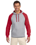 Jerzees-96CR-Adult 8 oz. NuBlend Colorblock Raglan Pullover Hooded Sweatshirt-OXFORD/ TRUE RED