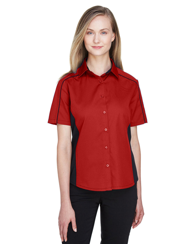 North End-77042-Ladies Fuse Colorblock Twill Shirt-CLASSIC RED/ BLK