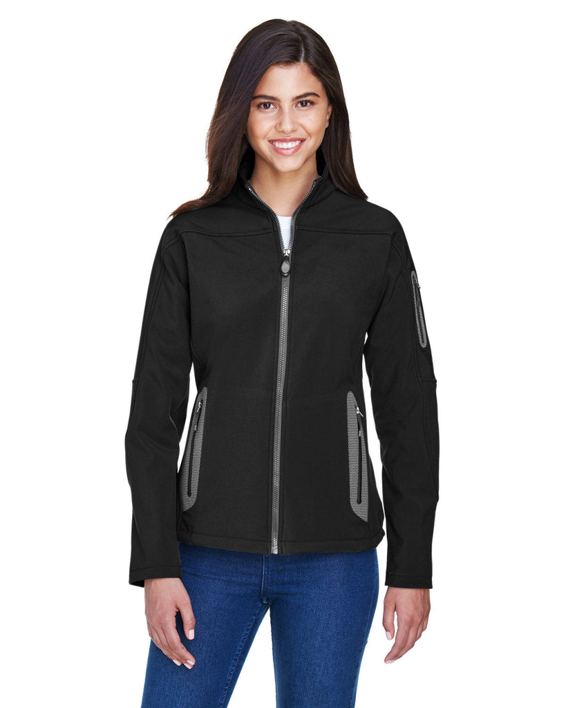 North End-78060-Ladies Three-Layer Fleece Bonded Soft Shell Technical Jacket-BLACK