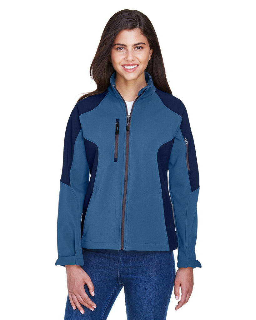 North End-78077-Ladies Compass Colorblock Three-Layer Fleece Bonded Soft Shell Jacket-BLUE RIDGE