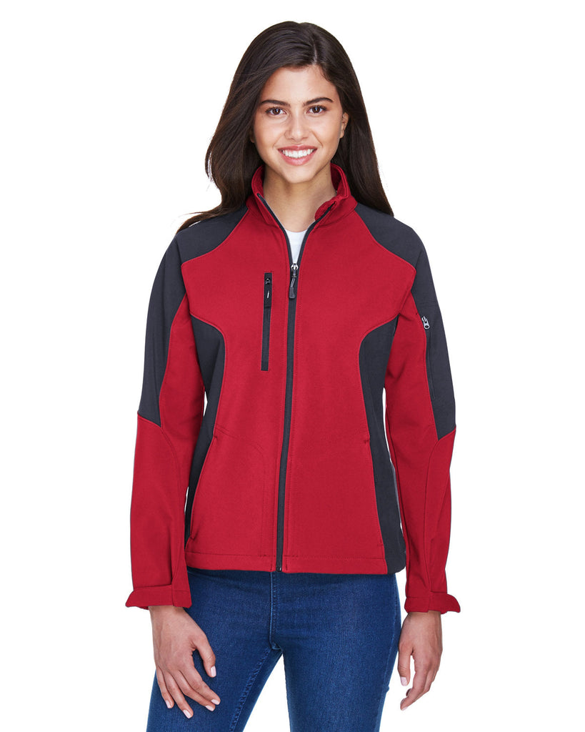 North End-78077-Ladies Compass Colorblock Three-Layer Fleece Bonded Soft Shell Jacket-MOLTEN RED