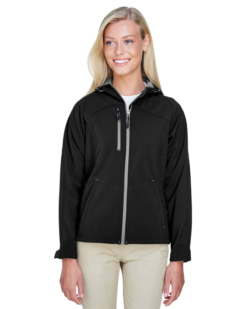 North End-78166-Ladies Prospect Two-Layer Fleece Bonded Soft Shell Hooded Jacket-BLACK