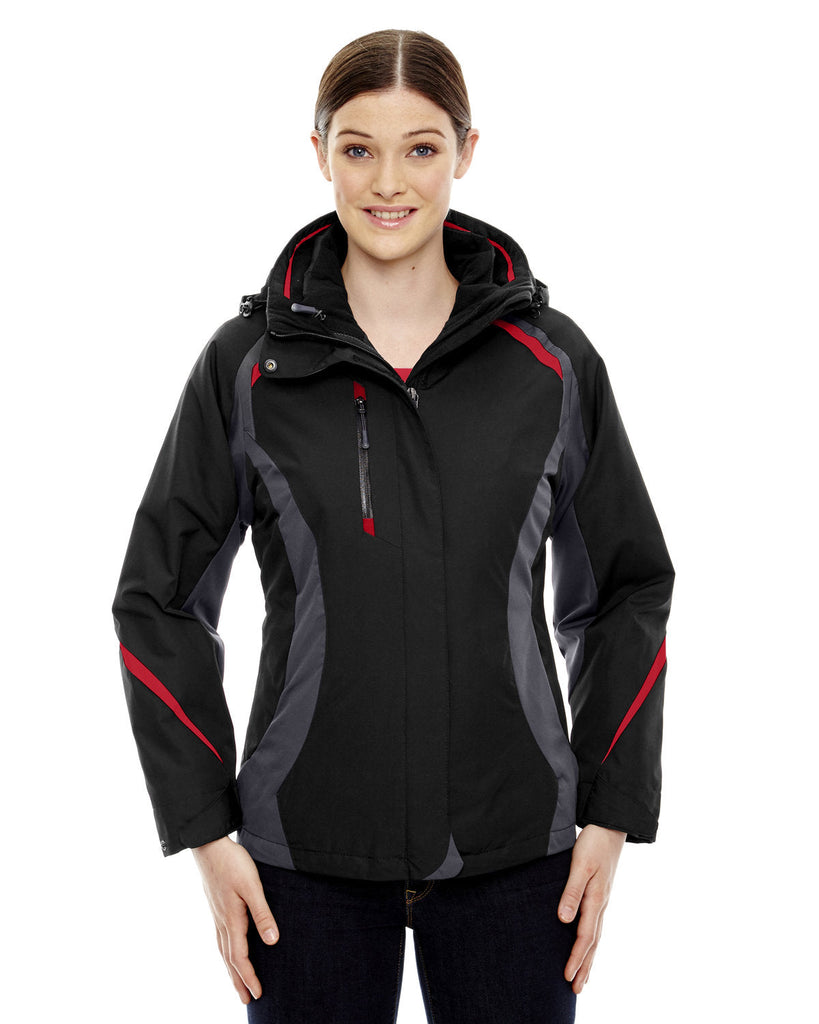 North End-78195-Ladies Height 3-in-1 Jacket with Insulated Liner-BLK/ CL RED