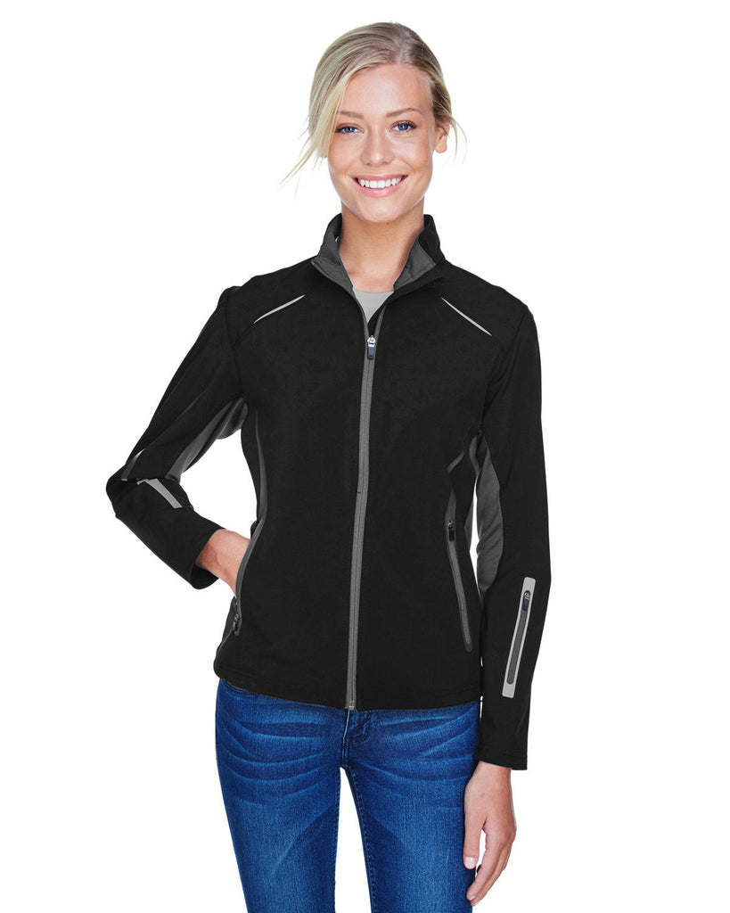 North End-78678-Ladies Pursuit Three-Layer Light Bonded Hybrid Soft Shell Jacket with Laser Perforation-BLACK