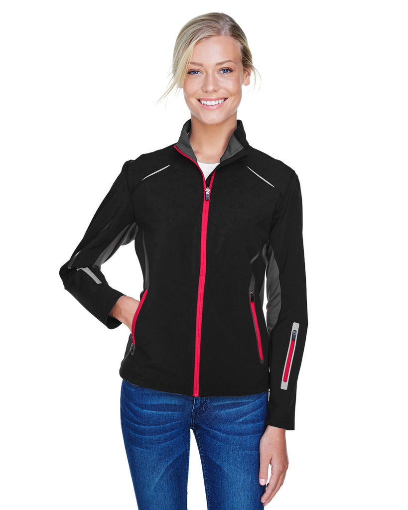 North End-78678-Ladies Pursuit Three-Layer Light Bonded Hybrid Soft Shell Jacket with Laser Perforation-BLACK/ OLYM RED