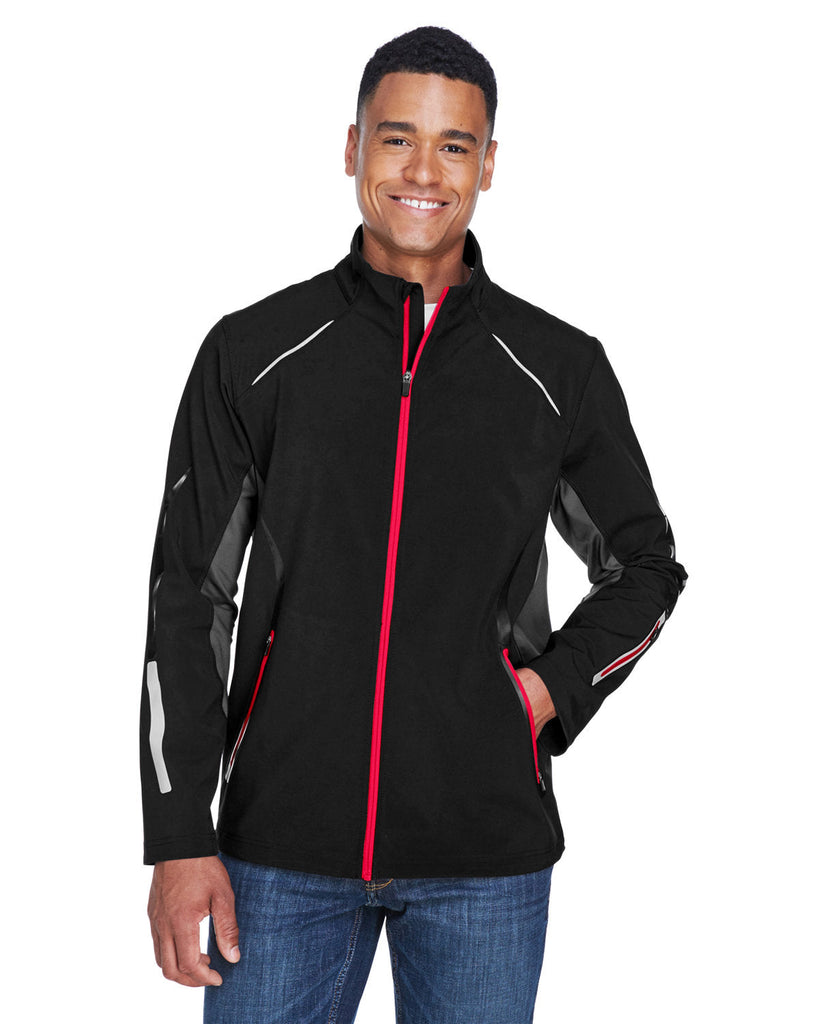 North End-88678-Mens Pursuit Three-Layer Light Bonded Hybrid Soft Shell Jacket with Laser Perforation-BLACK/ OLYM RED