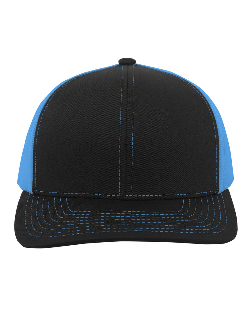 Pacific Headwear-104C-Trucker Snapback Hat-BLACK/ NEON BLUE