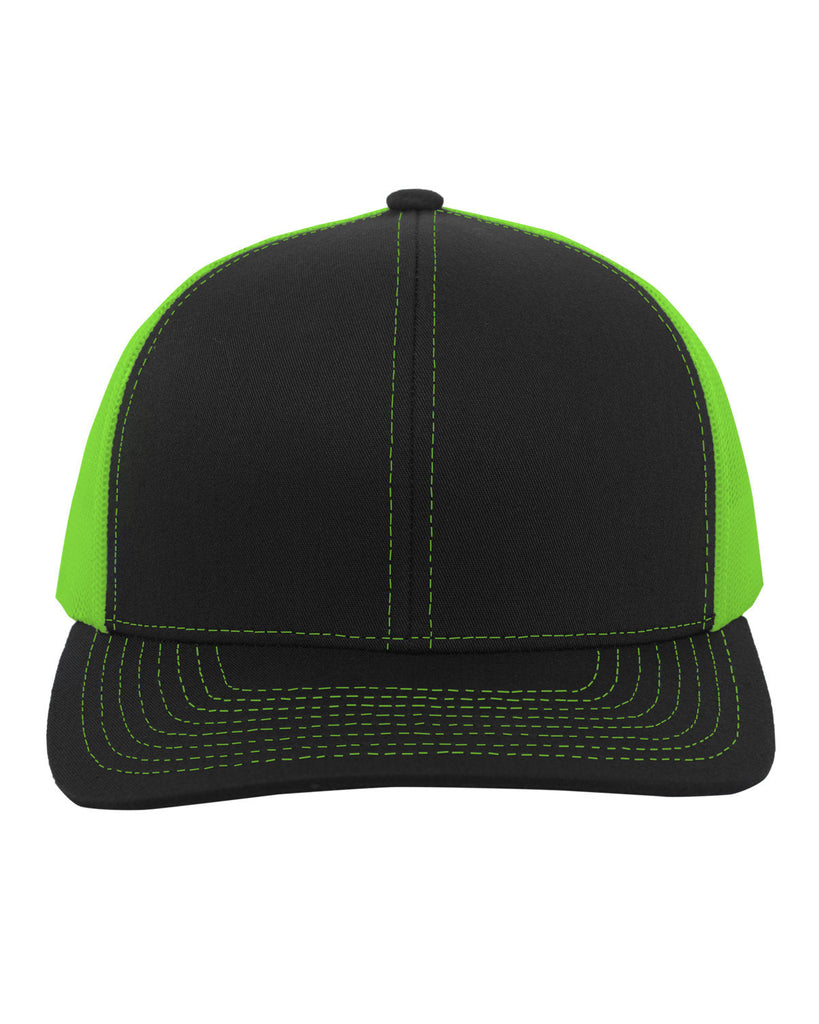 Pacific Headwear-104C-Trucker Snapback Hat-BLACK/ NEON GRN