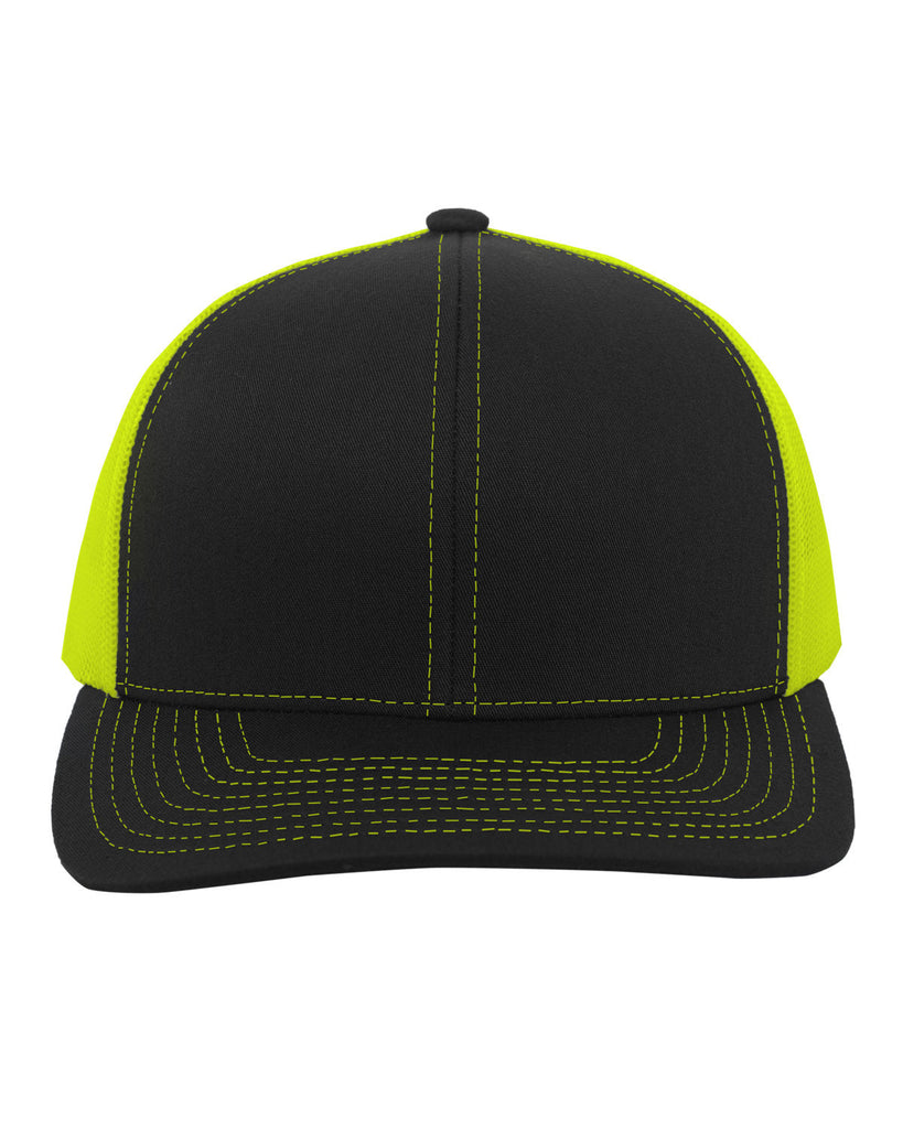 Pacific Headwear-104C-Trucker Snapback Hat-BLACK/ NEON YLLW