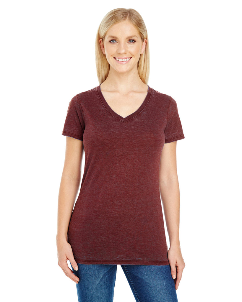 Threadfast Apparel-215B-Ladies Cross Dye Short-Sleeve V-Neck T-Shirt-BLACK CHERRY