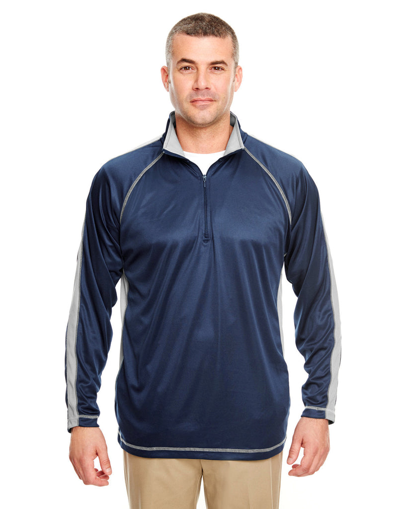 UltraClub-8398-Adult Cool & Dry Sport Quarter-Zip Pullover with Side and Sleeve Panels-NAVY/ GREY