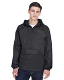 UltraClub-8925-Adult Quarter-Zip Hooded Pullover Pack-Away Jacket-BLACK